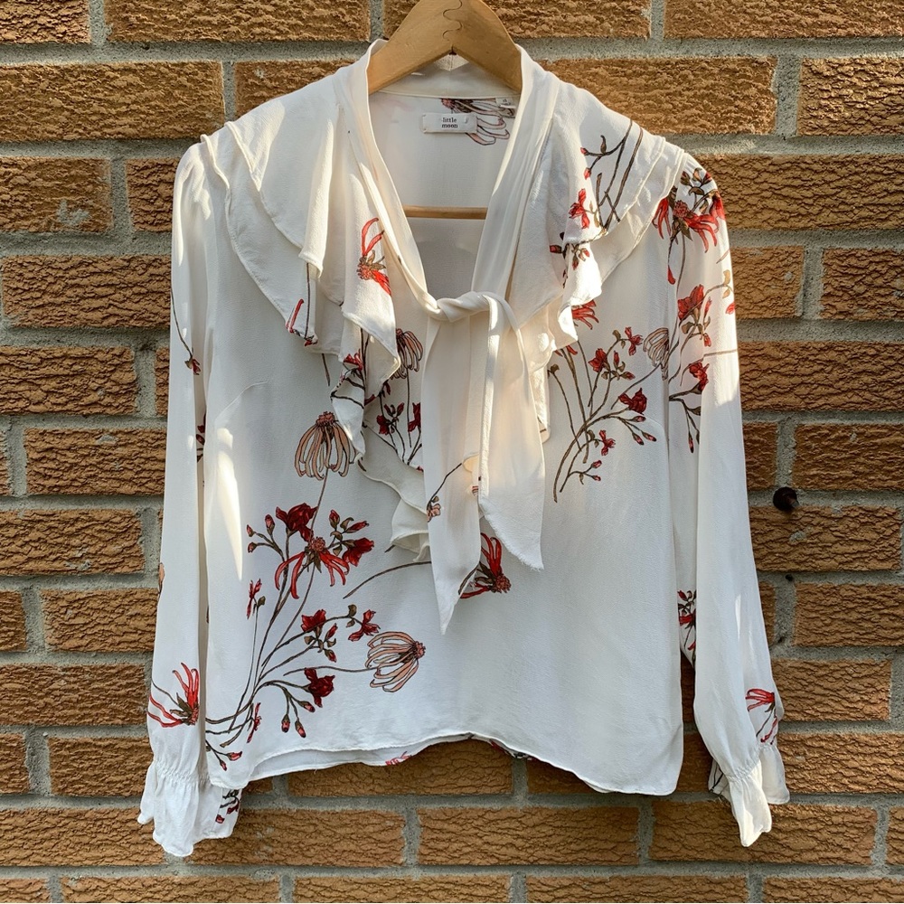 Little Moon Aritzia Gaziana Blouse Ruffle V-Neck Tie Crepe Floral Flounce Top XS
